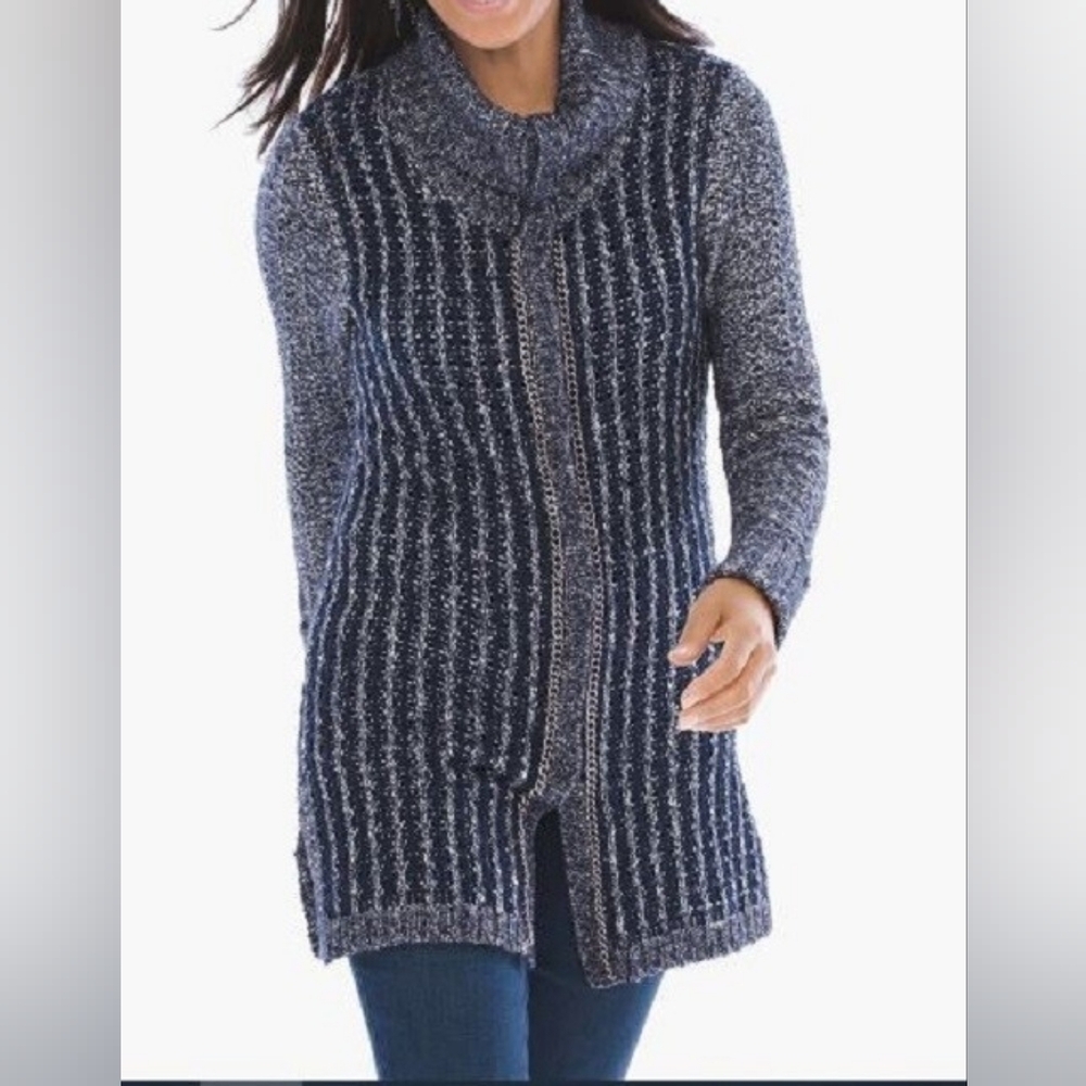 CHICOS Winter Cozy Coatigan Blue White Knit Long Cardigan (1,554)C‎